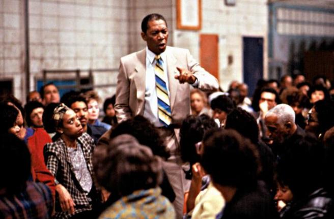 LEAN ON ME, Morgan Freeman, Lynne Thigpen, and cast, 1989.