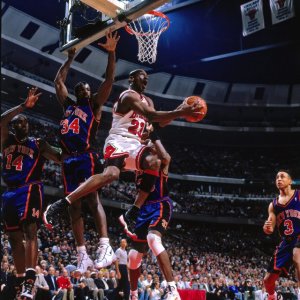 CHICAGO - MAY 14:  Michael Jordan #23 of the Chicago Bulls goes up for a shot against the New York Knicks in Game Five of the Eastern Conference Semifinals during the 1996 NBA Playoffs. Copyright 1996 NBAE (Photo by Nathaniel S. Butler/NBAE via Getty Images)